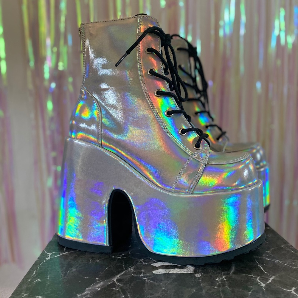 Demonia Silver Holo Chunky Heel Platforms